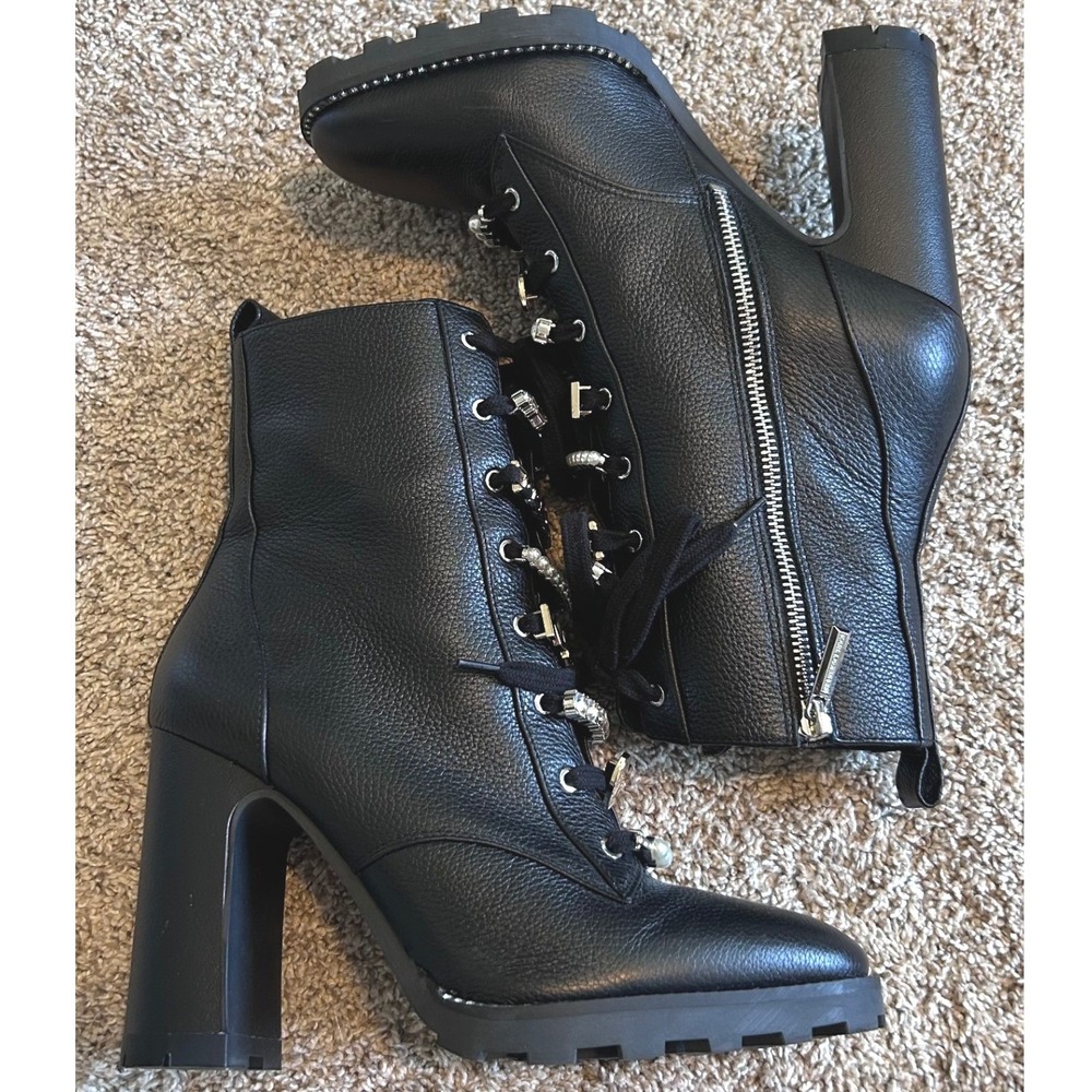 Karl Lagerfeld Paris Moto Black Leather Embellished Block Heel Combat Boots 8.5 - Picture 3 of 8